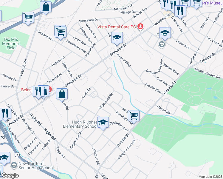 map of restaurants, bars, coffee shops, grocery stores, and more near 2500 Edgewood Road in Utica
