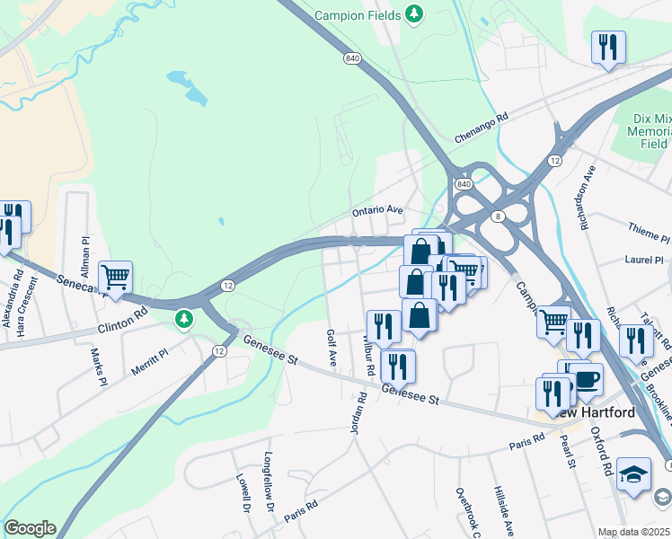 map of restaurants, bars, coffee shops, grocery stores, and more near 10 Esmeralda Ave in New Hartford
