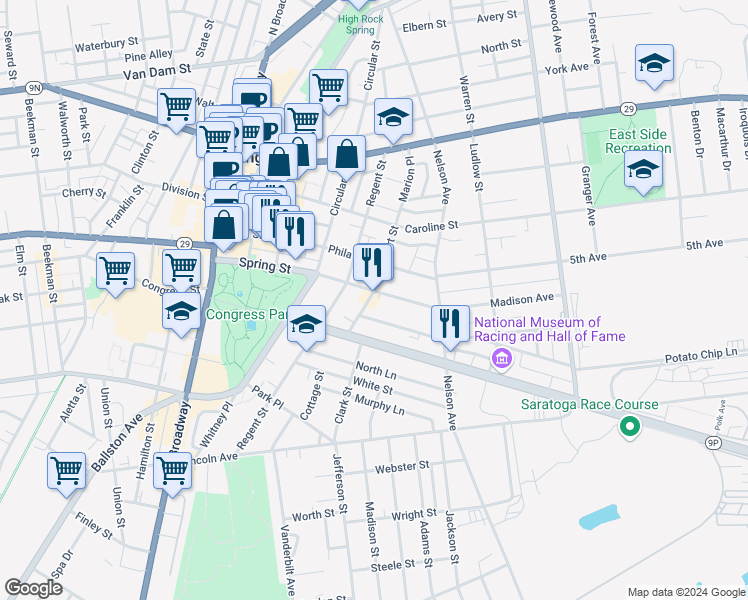 map of restaurants, bars, coffee shops, grocery stores, and more near 132 Spring Street in Saratoga Springs