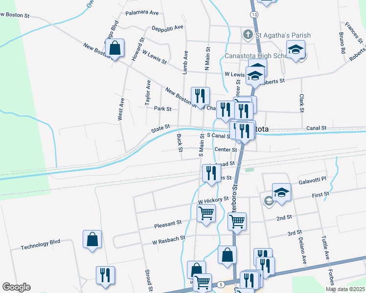 map of restaurants, bars, coffee shops, grocery stores, and more near 210 West Center Street in Canastota