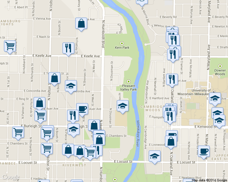map of restaurants, bars, coffee shops, grocery stores, and more near 1229 East Concordia Avenue in Milwaukee