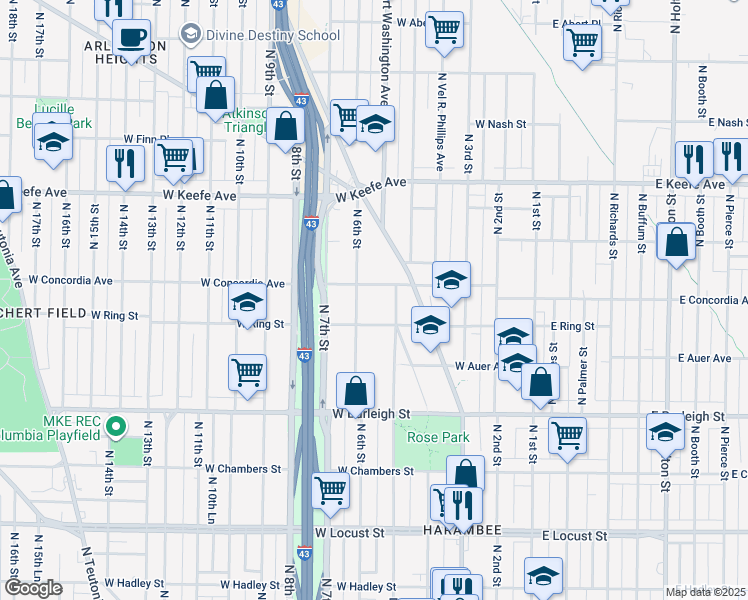 map of restaurants, bars, coffee shops, grocery stores, and more near 541-547 West Concordia Avenue in Milwaukee
