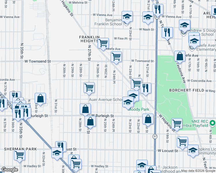 map of restaurants, bars, coffee shops, grocery stores, and more near 3269A North 25th Street in Milwaukee