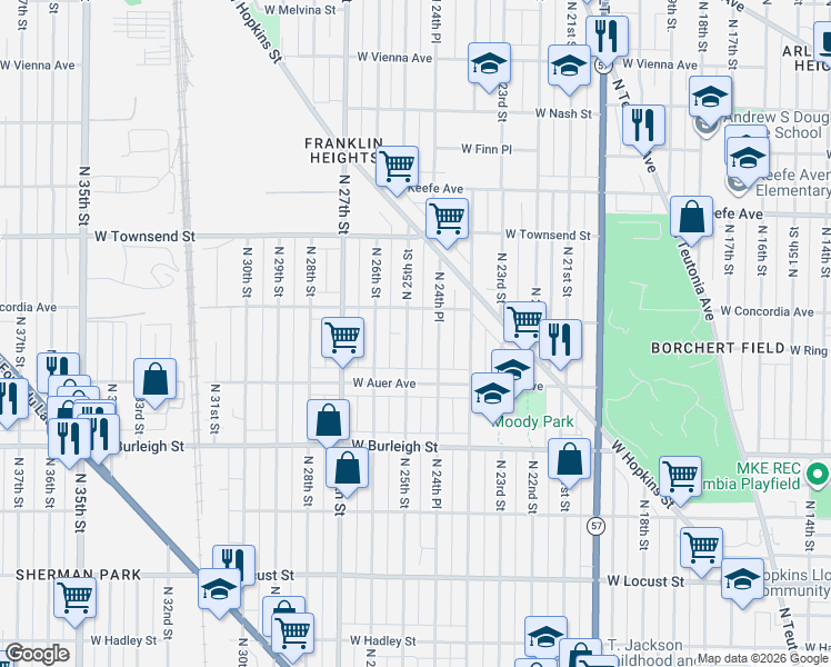 map of restaurants, bars, coffee shops, grocery stores, and more near 3269A North 25th Street in Milwaukee
