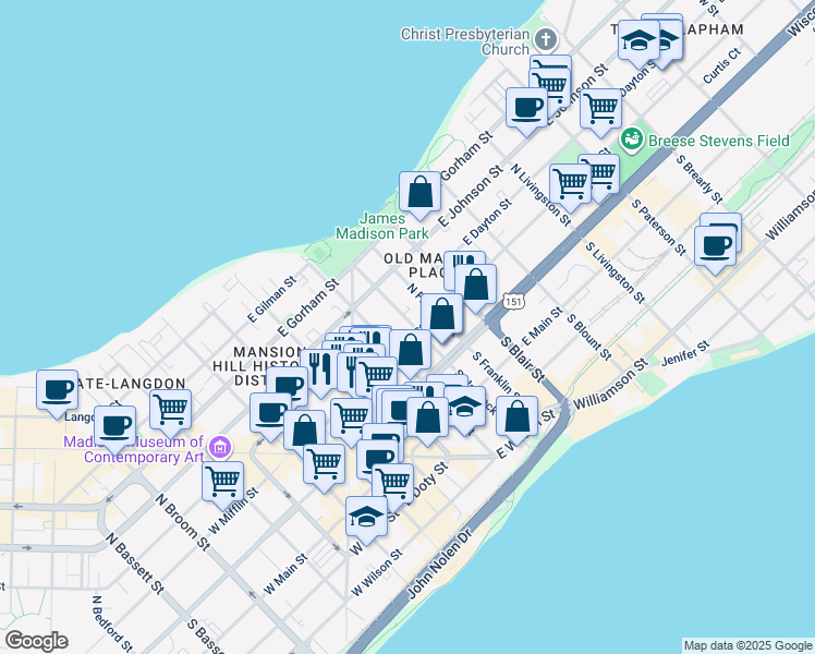 map of restaurants, bars, coffee shops, grocery stores, and more near 112 North Hancock Street in Madison