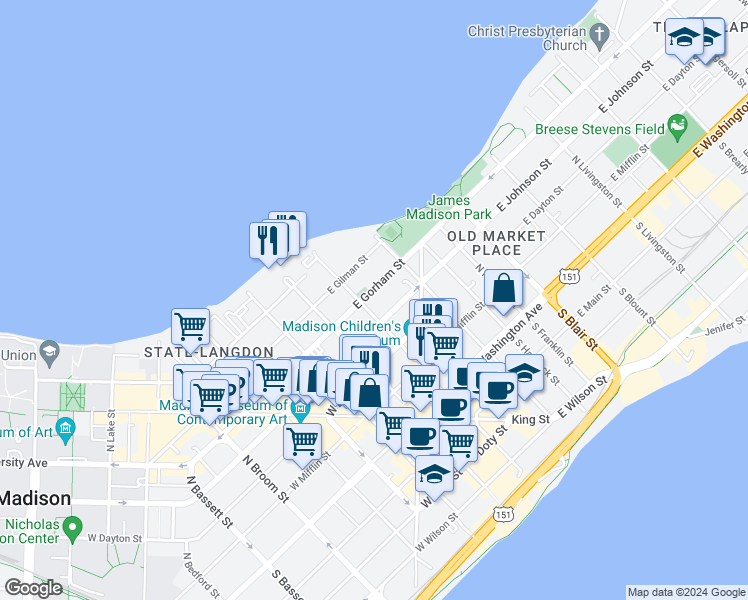 map of restaurants, bars, coffee shops, grocery stores, and more near in Madison