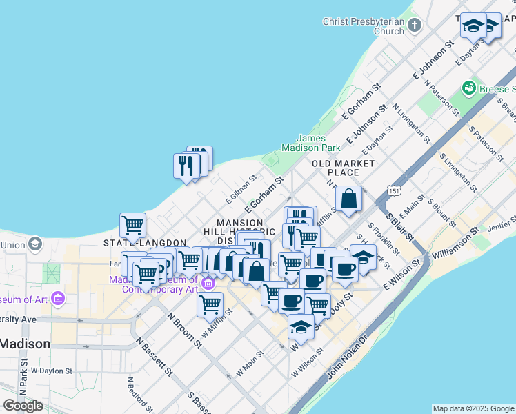 map of restaurants, bars, coffee shops, grocery stores, and more near in Madison