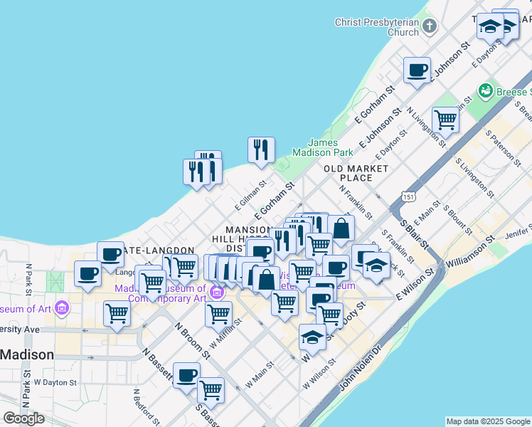 map of restaurants, bars, coffee shops, grocery stores, and more near in Madison