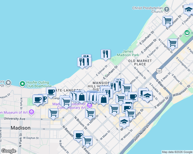 map of restaurants, bars, coffee shops, grocery stores, and more near 11 East Gilman Street in Madison