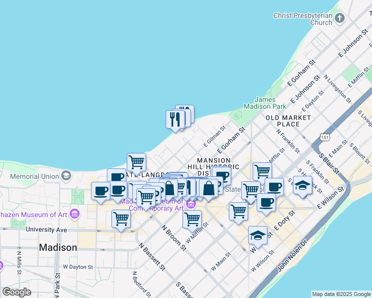 map of restaurants, bars, coffee shops, grocery stores, and more near 516 Wisconsin Avenue in Madison