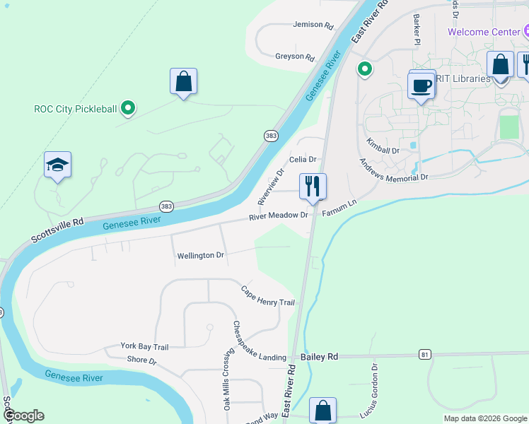 map of restaurants, bars, coffee shops, grocery stores, and more near 6 Riverview Drive in Rochester