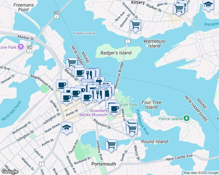 map of restaurants, bars, coffee shops, grocery stores, and more near 1 Daniel Street in Portsmouth