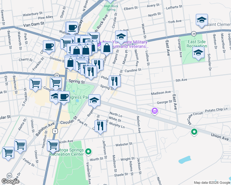 map of restaurants, bars, coffee shops, grocery stores, and more near 132 Spring Street in Saratoga Springs