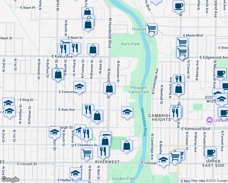 map of restaurants, bars, coffee shops, grocery stores, and more near 3302 North Humboldt Boulevard in Milwaukee