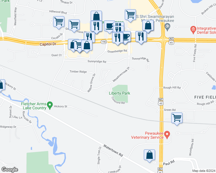 map of restaurants, bars, coffee shops, grocery stores, and more near 1336 Meadowcreek Drive in Pewaukee