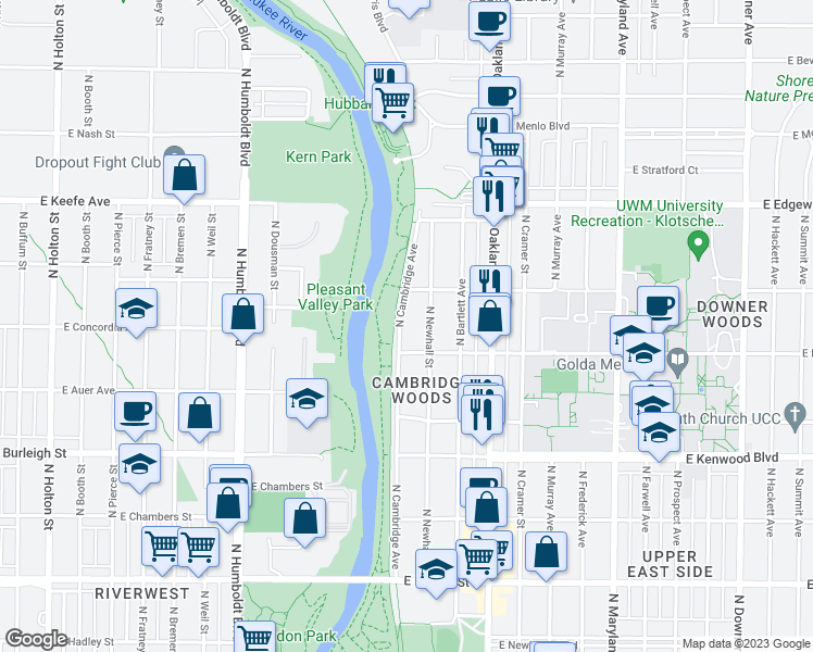 map of restaurants, bars, coffee shops, grocery stores, and more near 3334 North Cambridge Avenue in Milwaukee