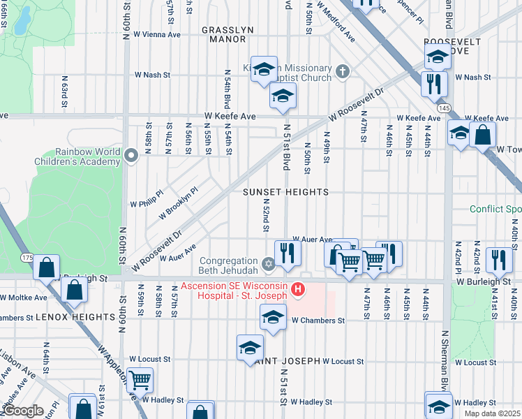 map of restaurants, bars, coffee shops, grocery stores, and more near 3260 North 53rd Street in Milwaukee