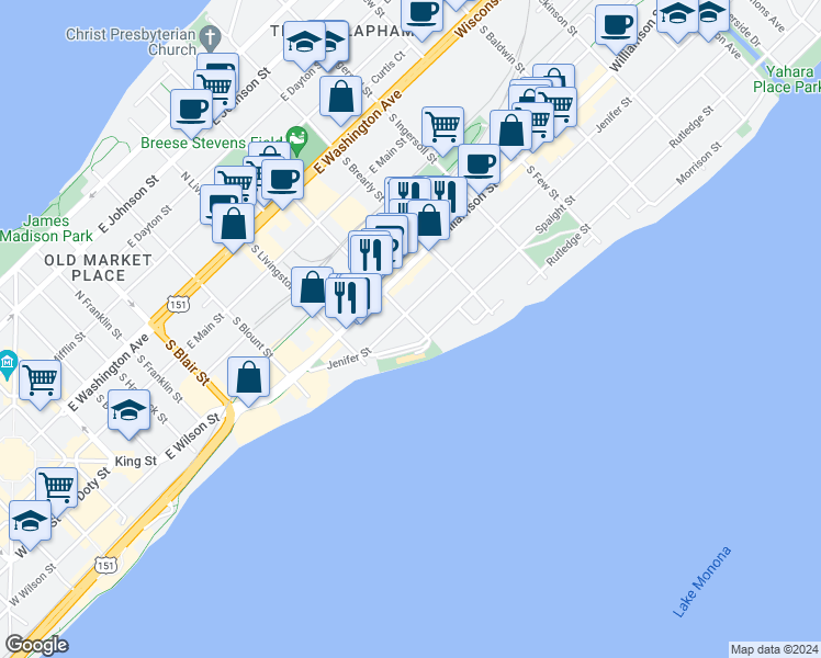 map of restaurants, bars, coffee shops, grocery stores, and more near 512 South Paterson Street in Madison