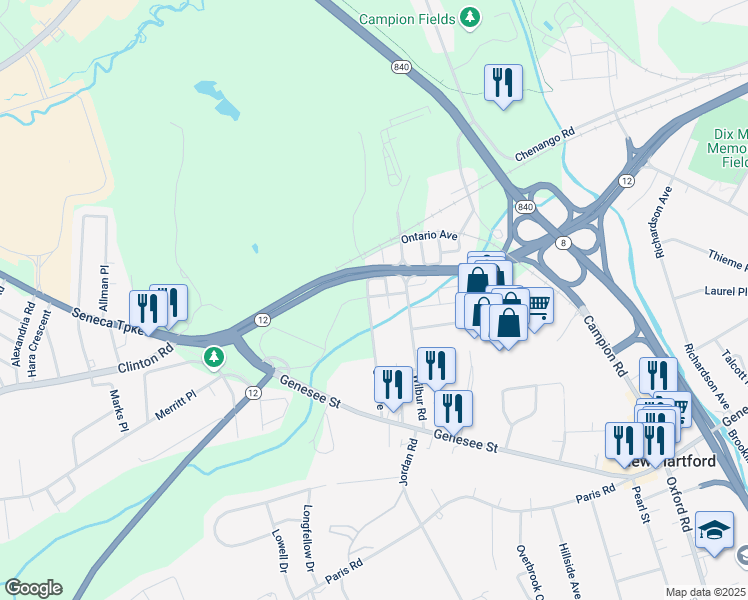 map of restaurants, bars, coffee shops, grocery stores, and more near 10 Esmeralda Avenue in New Hartford