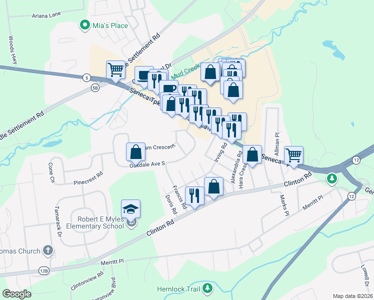 map of restaurants, bars, coffee shops, grocery stores, and more near 13 Elmhurst Dr in New Hartford
