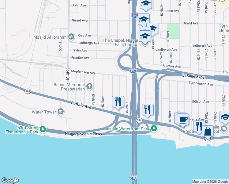 map of restaurants, bars, coffee shops, grocery stores, and more near 186 62nd Street in Niagara Falls