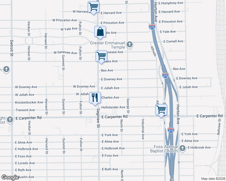 map of restaurants, bars, coffee shops, grocery stores, and more near 1056 East Juliah Avenue in Flint