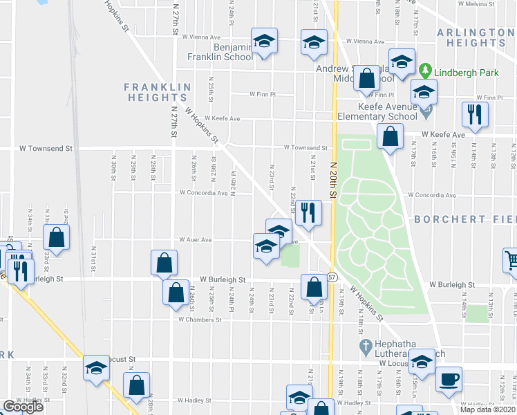 map of restaurants, bars, coffee shops, grocery stores, and more near 3268 North 24th Street in Milwaukee