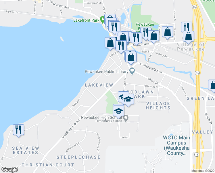 map of restaurants, bars, coffee shops, grocery stores, and more near 287 Prospect Avenue in Pewaukee