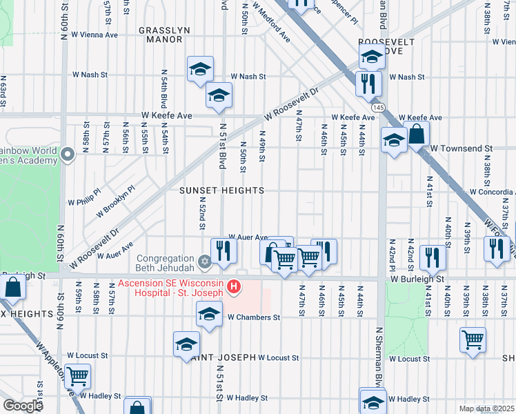 map of restaurants, bars, coffee shops, grocery stores, and more near 3263 North 49th Street in Milwaukee
