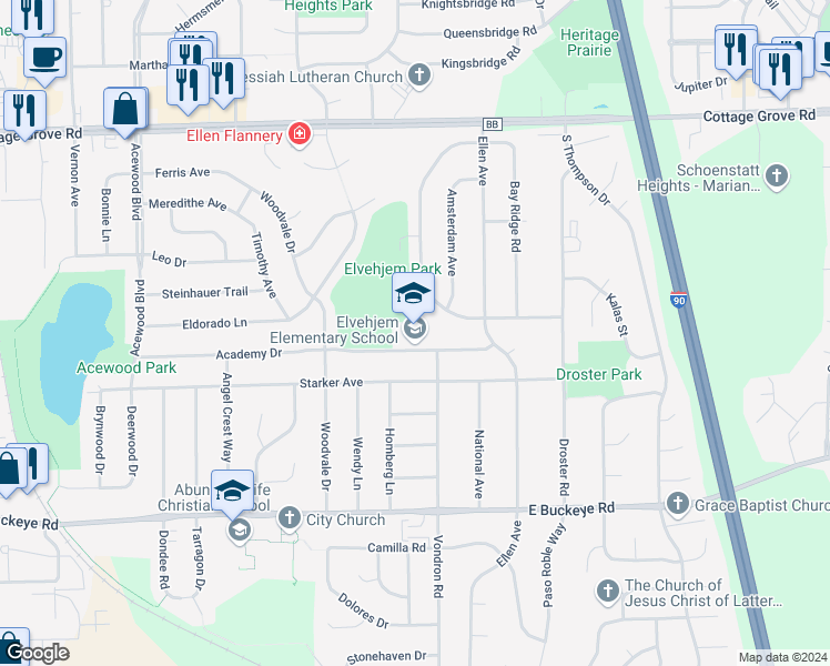 map of restaurants, bars, coffee shops, grocery stores, and more near 5106 Academy Drive in Madison