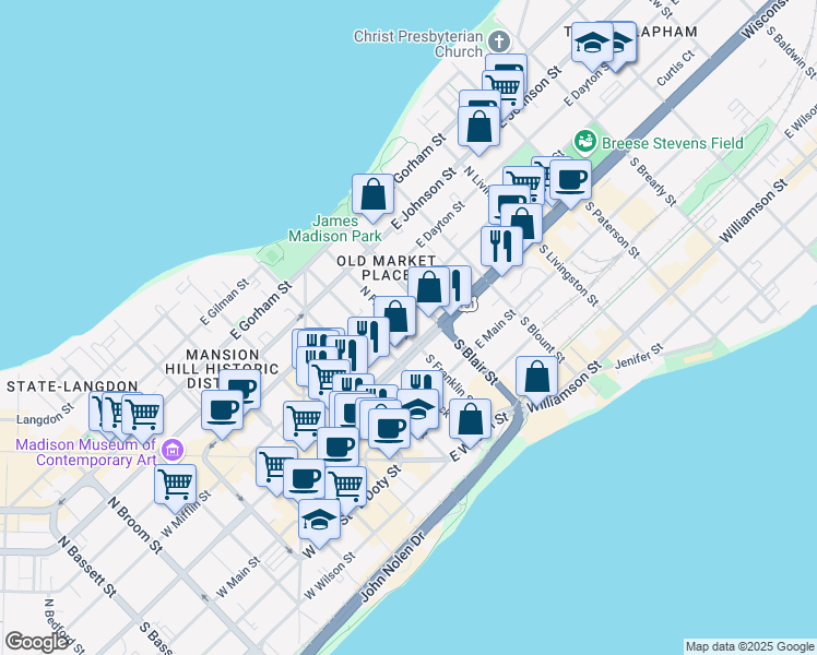 map of restaurants, bars, coffee shops, grocery stores, and more near 15 North Franklin Street in Madison