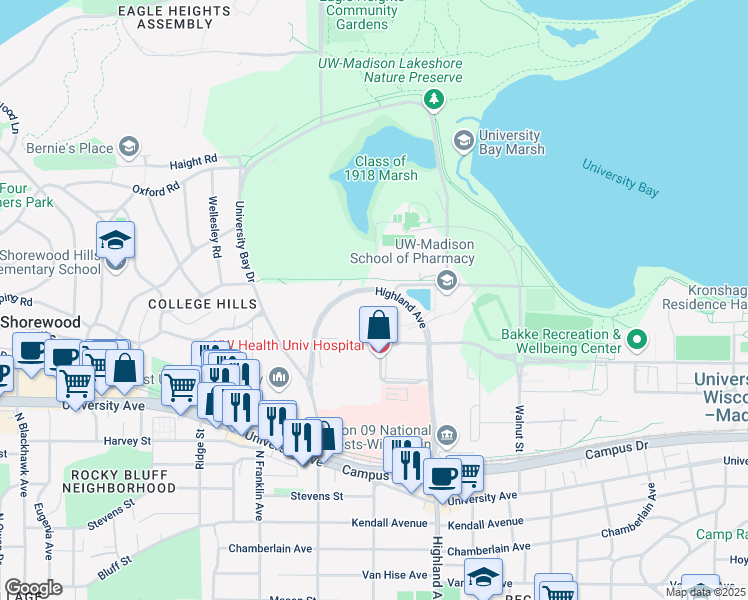 map of restaurants, bars, coffee shops, grocery stores, and more near 1111 Highland Avenue in Madison