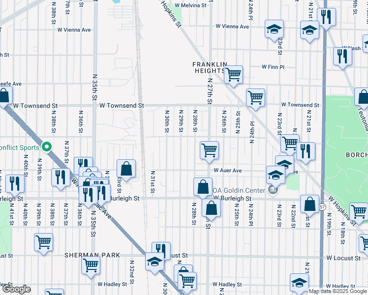 map of restaurants, bars, coffee shops, grocery stores, and more near 3264a North 29th Street in Milwaukee