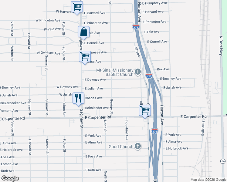 map of restaurants, bars, coffee shops, grocery stores, and more near 5100 George Street in Flint
