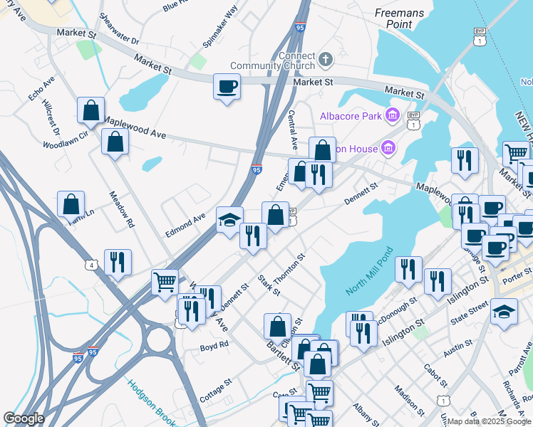 map of restaurants, bars, coffee shops, grocery stores, and more near 240 Myrtle Ave in Portsmouth