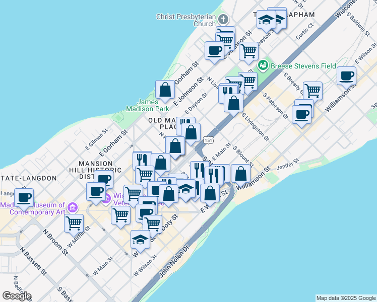 map of restaurants, bars, coffee shops, grocery stores, and more near 514 East Washington Avenue in Madison