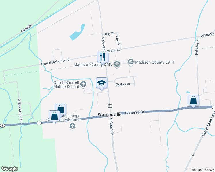 map of restaurants, bars, coffee shops, grocery stores, and more near 135 County Highway 10 in Wampsville
