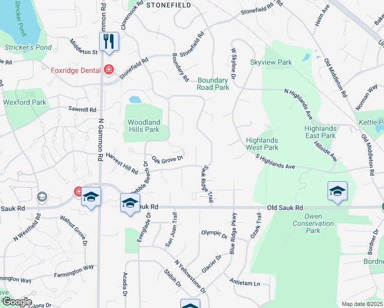 map of restaurants, bars, coffee shops, grocery stores, and more near 9 Shea Court in Madison
