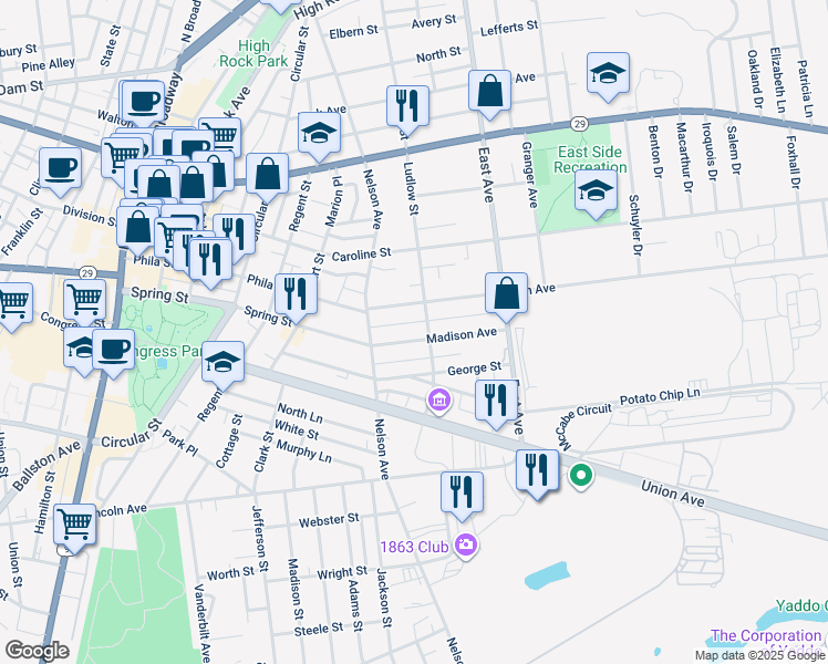 map of restaurants, bars, coffee shops, grocery stores, and more near 19 Madison Avenue in Saratoga Springs
