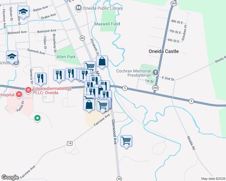 map of restaurants, bars, coffee shops, grocery stores, and more near 105 Genesee Street in Oneida