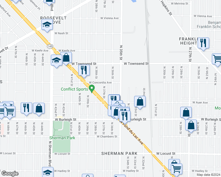 map of restaurants, bars, coffee shops, grocery stores, and more near 3265 North 36th Street in Milwaukee