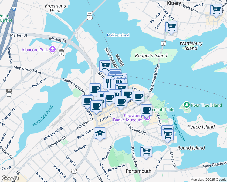 map of restaurants, bars, coffee shops, grocery stores, and more near 100 Market Street in Portsmouth
