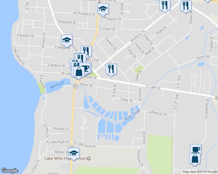 map of restaurants, bars, coffee shops, grocery stores, and more near 335 Water Street in Lake Mills