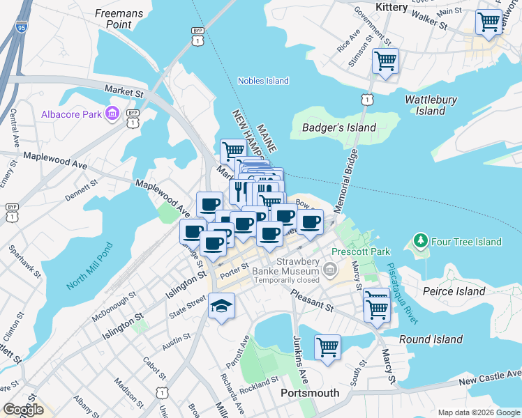 map of restaurants, bars, coffee shops, grocery stores, and more near 85 Market St in Portsmouth