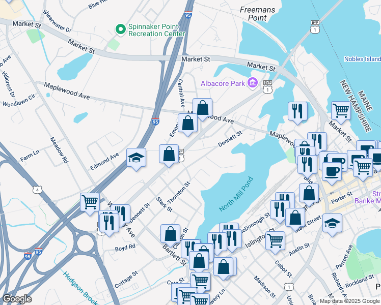 map of restaurants, bars, coffee shops, grocery stores, and more near 120 Kane Street in Portsmouth