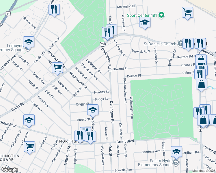 map of restaurants, bars, coffee shops, grocery stores, and more near 118 Maplehurst Ave in Syracuse