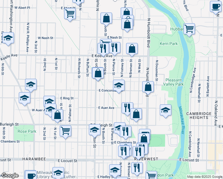 map of restaurants, bars, coffee shops, grocery stores, and more near 3301 North Pierce Street in Milwaukee