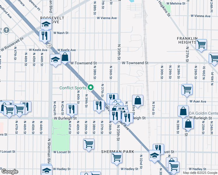 map of restaurants, bars, coffee shops, grocery stores, and more near 3267 North 36th Street in Milwaukee