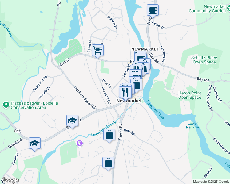 map of restaurants, bars, coffee shops, grocery stores, and more near 39 Spring Street in Newmarket