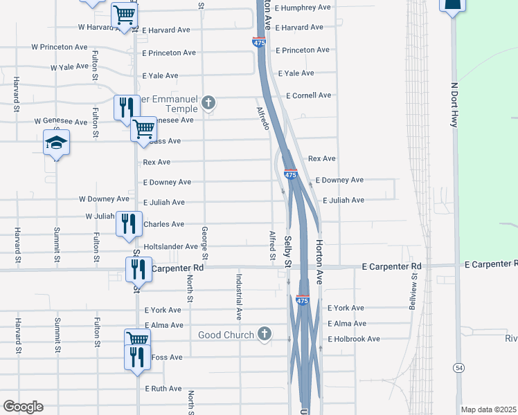 map of restaurants, bars, coffee shops, grocery stores, and more near 1200 East Juliah Avenue in Flint